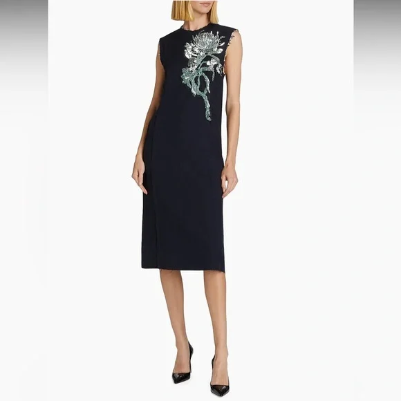 JASON WU COLLECTION•Floral Bead Sequined Midi Shift Dress•Navy•Sz 6 - Picture 1 of 12